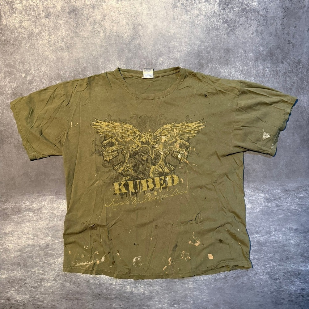 Y2K Thrashed Grunge Distressed Skater Punk Graphic T-Shirt Mens XL Green‎ Skulls